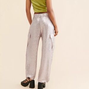 Anthropologie Silver Sequin Cargo Pant Stretch Wide Cinch Ankle Lined Women 6